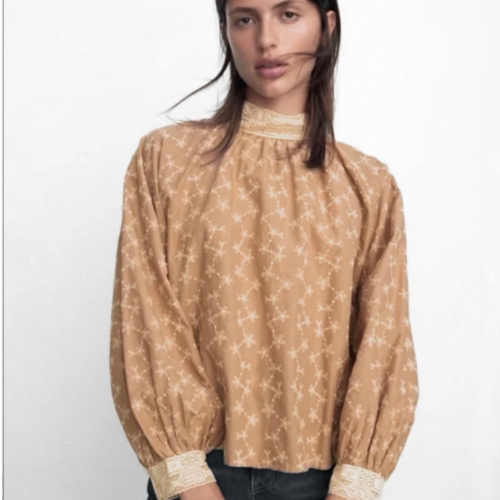 Zara Tan Floral Lace-Trim High-Neck Blouse